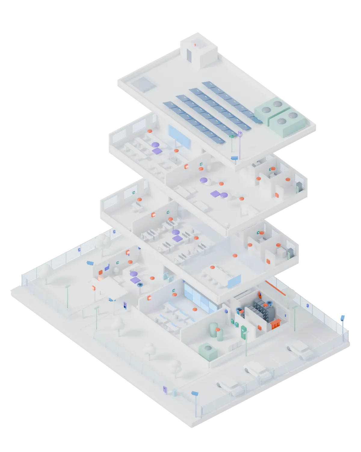 Fictitious office building, floors pulled apart: lobby with turnstiles, control room with video wall, server room, offices, roof with photovoltaics, driveway with barrier and car park with charging stations